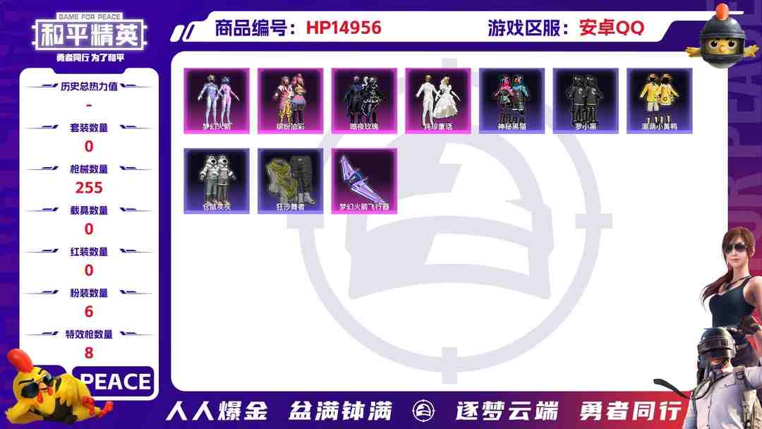 和平精英账号安卓QQ32406 安卓手Q-11王牌印记-6粉装-8特效枪-0载具-86116热力值-224套装-255枪皮-1卓越印记-0传奇印记
【6粉装】,梦幻火箭,初号机 觉醒Ver.,缤纷油彩,暗夜玫瑰,蜜语