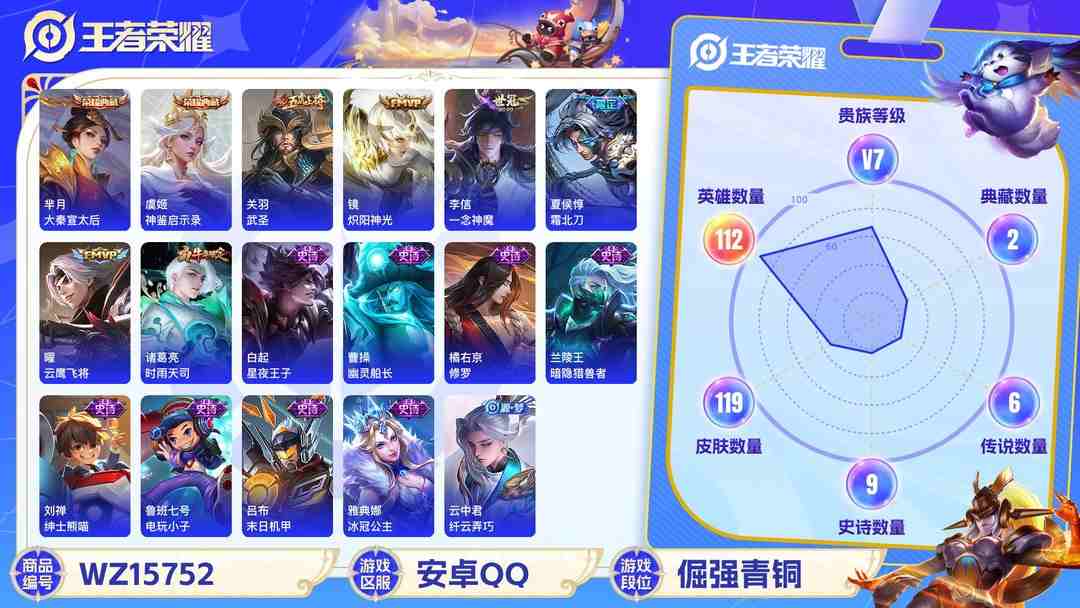 王者荣耀账号安卓QQ[9171790]V7 2典藏 8传说 112英雄 119皮肤 可修改实名 荣耀水晶：大秦宣太后,神鉴启示录 传说皮：云鹰飞将(小将军),炽阳神光,一念神魔,末日机甲-孙尚香(绿蚂蚱) 限定皮：李小