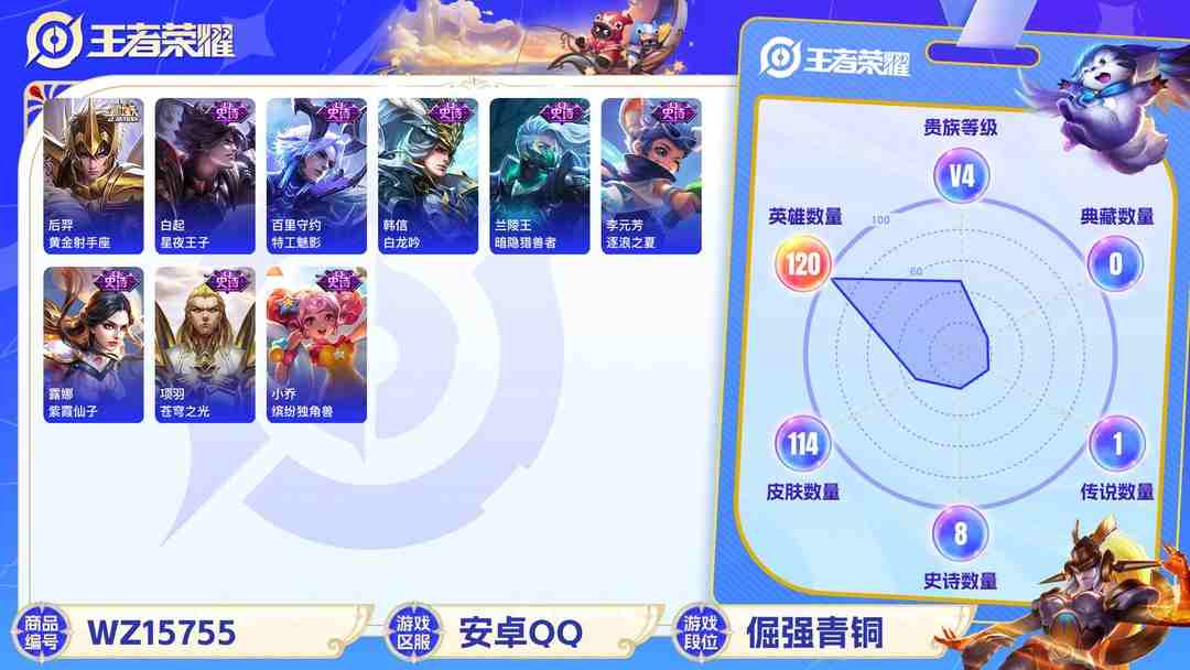 王者荣耀账号安卓QQ[9171896]V4 2传说 120英雄 114皮肤 可修改实名 传说皮：黄金射手座 珍宝阁皮：蔷薇恋人 限定皮：鸣野蒿,五谷丰年,梁祝,李小龙,孙行者,猪悟能 史诗皮：紫霞仙子,苍穹之光,白龙吟
