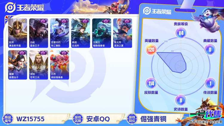 [9171896]V4 2传说 120英雄 114皮肤 可修改实名 传说皮：黄金射手座 珍宝阁皮：蔷薇恋人 限定皮：鸣野蒿,五谷丰年,梁祝,李小龙,孙行者,猪悟能 史诗皮：紫霞仙子,苍穹之光,白龙吟
