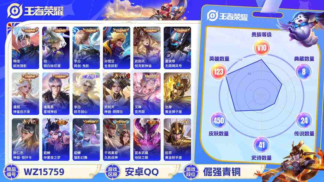 王者荣耀账号安卓QQ[9172148]V10 8典藏 2无双 31传说 123英雄 450皮肤 可修改实名 荣耀水晶：神鉴启示录,鸣剑·曳影,弑枪猎影(韩信典藏),银白咏叹调(倪克斯侍卫),全息碎影(猴子典藏),无限飓