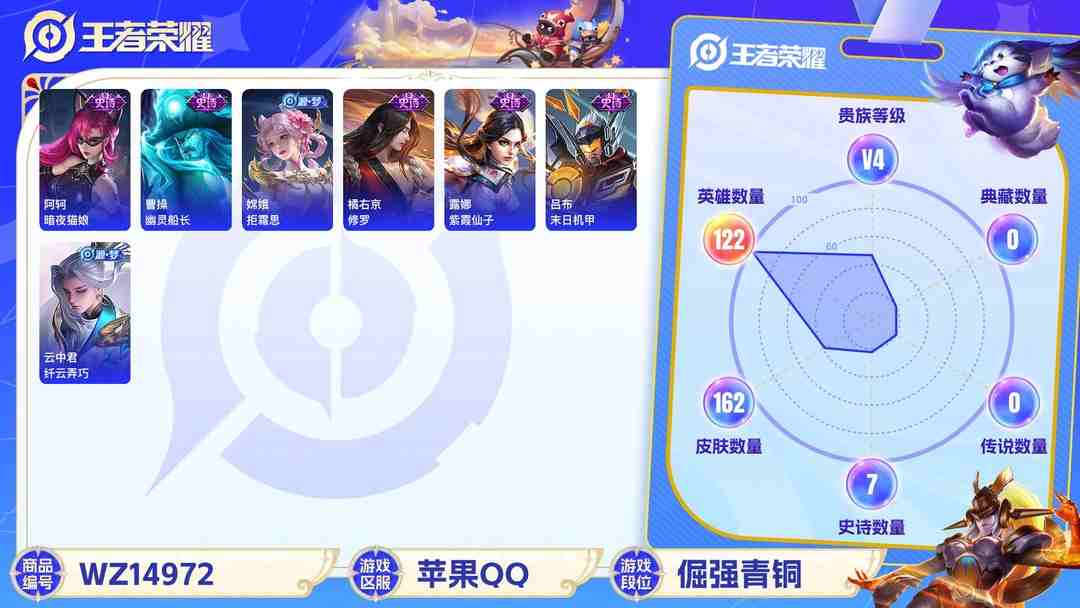 王者荣耀账号苹果QQ[9118747]V4 122英雄 162皮肤 可修改实名 珍宝阁皮：蔷薇恋人 限定皮：至尊宝,高山流水,五谷丰年,梁祝,李小龙 史诗皮：紫霞仙子,电玩·爆裂旋风,暗夜猫娘,末日机甲-吕布,修罗,水