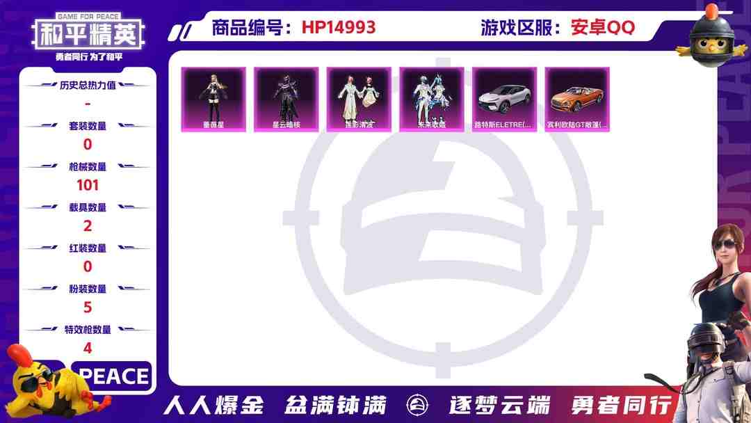 和平精英账号安卓QQ[9173131]5粉装 4特效枪 2载具 6印记 可二次 可修改实名 身法装备：Mark.06(新蓝螳螂) 热门装扮：萨利娅,未来歌姬,蔷薇星,星云暗核,莲影清波,梦魇先生 载具：路特斯ELETR