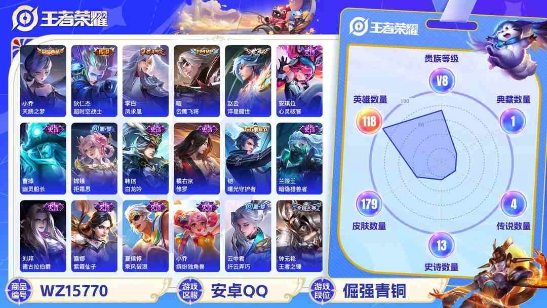王者荣耀账号安卓QQ[9174011]V8 1典藏 7传说 118英雄 179皮肤 可修改实名 荣耀水晶：天鹅之梦(小乔典藏) 传说皮：地狱火,末日机甲-孙尚香(绿蚂蚱),淬星耀世,云鹰飞将(小将军),超时空战士-狄仁