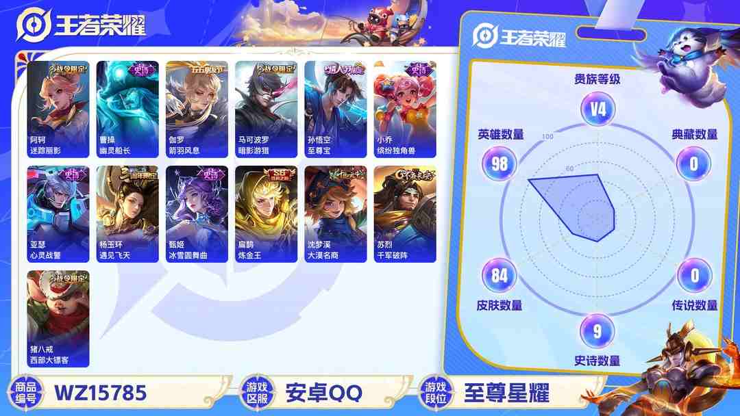 王者荣耀账号安卓QQMWZ100976【至尊宝V4】安卓Q-84皮肤-98英雄  【史诗皮肤】 蔬乡物语 布丁狗之约 至尊宝 鸭鸭历险记 龙之律动 幽灵船长 鹰眼统帅 箭羽风息 鬼剑武藏 暗影游猎 缤纷独角兽 心灵战警