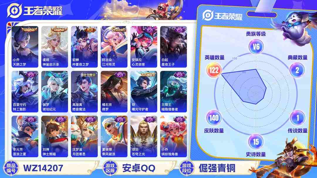 王者荣耀账号安卓QQ[9082446]V6 2典藏 2传说 122英雄 140皮肤 可修改实名 荣耀水晶：神鉴启示录,天鹅之梦(小乔典藏) 传说皮：仲夏夜之梦(大飞蛾) 珍宝阁皮：女武神 限定皮：愿照·岁时盈(虞姬年限