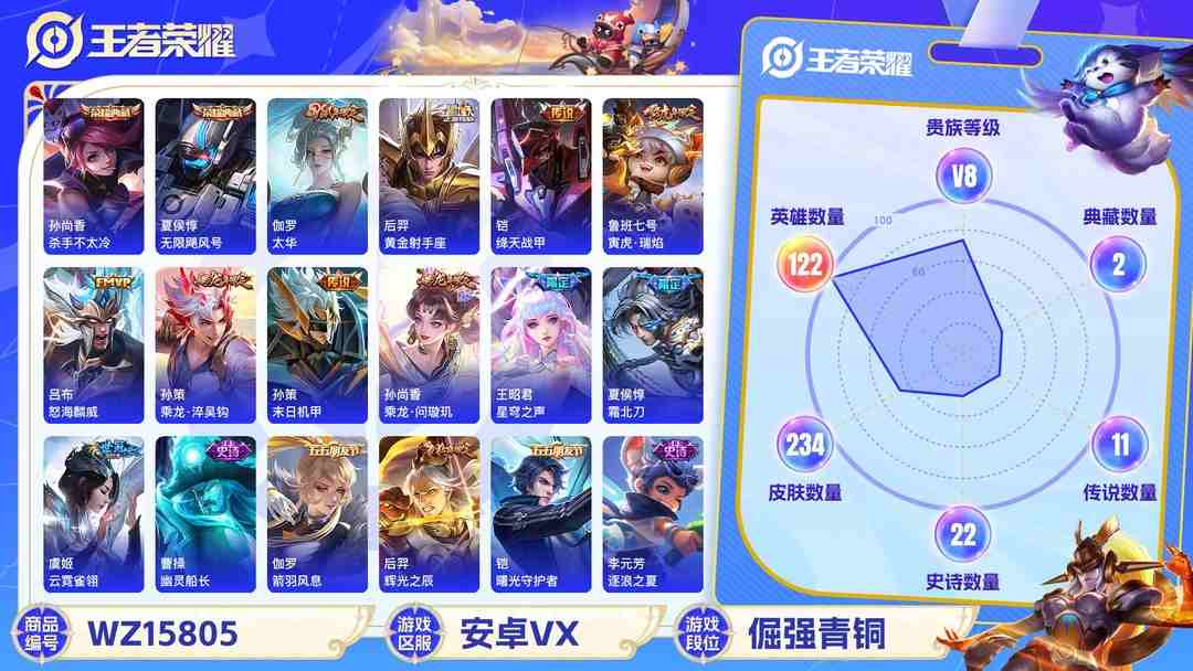 王者荣耀账号安卓VX1992950-安卓V 【可二次】 英雄数量:122 皮肤数量:234 贵族等级:贵族V8 无限飓风号 杀手不太冷 太华 霜北刀 乘龙淬吴钩 乘龙问璇玑 云霓雀翎 辉光之辰 御风骁将 星穹之声 末日