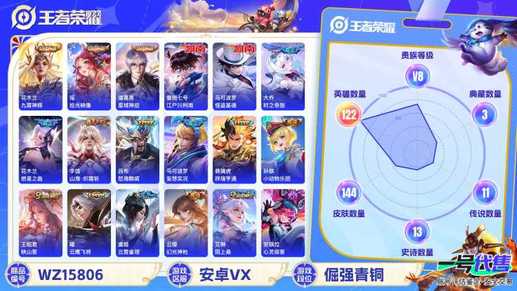1992955-安卓V 【可二次】 英雄数量:122 皮肤数量:144 贵族等级:贵族V8 武则天 拾光映像 九霄神辉 星域神启 庄周牧神诗旅 怪盗基德 江户川柯南 祥瑞亨通 小动物乐团 妄想实况 