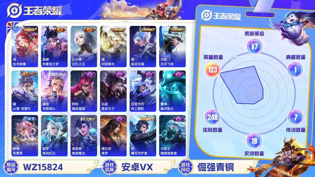 王者荣耀账号安卓VX[9183589]V7 1典藏 9传说 123英雄 248皮肤 可修改实名 荣耀水晶：拾光映像(瑶典藏) 传说皮：仲夏夜之梦(大飞蛾),炽阳神光,无双飞将,乞巧织情,山海·苍雷引(电光曜子),记忆之