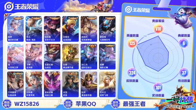 【WZF5559】贵族10/皮肤324/典藏7/传说36/史诗99/英雄125/武则天/孙悟空_全息碎影/武则天_倪克斯神谕/夏侯惇_无限飓风号/孙尚香_杀手不太冷/李白_鸣剑·曳影/伽罗_最初的交