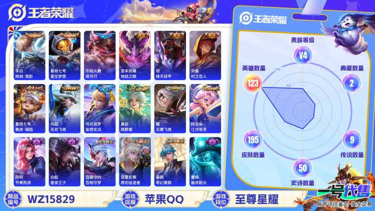 【WZX4911】贵族4/皮肤195/典藏2/传说9/史诗49/英雄123/鲁班七号_星空梦想/李白_鸣剑·曳影/艾琳_女武神/高渐离_玩趣恶龙/狂铁_特工战影/宫本武藏_地狱之眼/刘备_时之恋人/