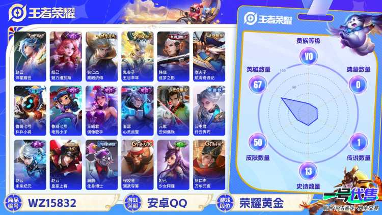 【WZX4906】贵族0/皮肤50/传说1/史诗13/英雄67/赵云_淬星耀世/狄仁杰_阴阳师/赵云_皇家上将/墨子_神迹守卫/鲁班七号_乒乒小将/元歌_云间偶戏/狄仁杰_万华元夜/项羽_海滩派对/