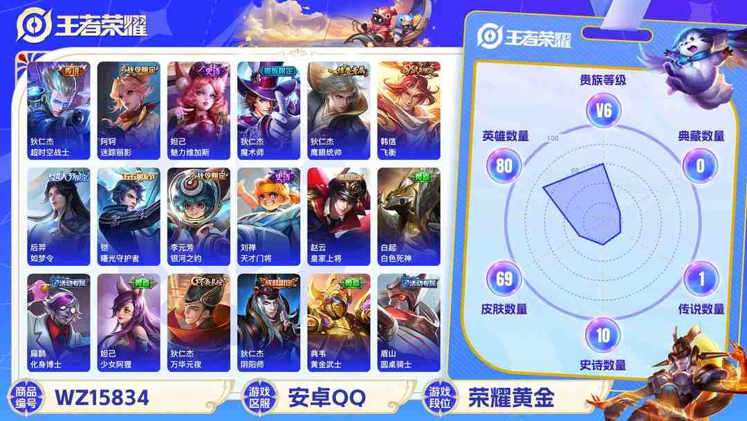 王者荣耀账号安卓QQ【WZX4907】贵族6/皮肤69/传说1/史诗10/英雄80/狄仁杰_超时空战士/狄仁杰_阴阳师/赵云_皇家上将/阿轲_迷踪丽影/吕布_猎兽之王/夏侯惇_朔风刀/狄仁杰_魔术师/狄仁杰_万华元夜/