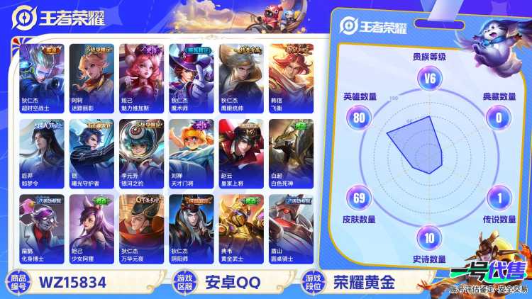 【WZX4907】贵族6/皮肤69/传说1/史诗10/英雄80/狄仁杰_超时空战士/狄仁杰_阴阳师/赵云_皇家上将/阿轲_迷踪丽影/吕布_猎兽之王/夏侯惇_朔风刀/狄仁杰_魔术师/狄仁杰_万华元夜/