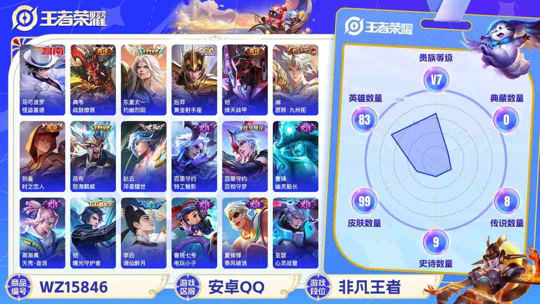 王者荣耀账号安卓QQMWZ100980【1珍品传说9传说v7】安卓Q-99皮肤-83英雄  【珍品传说】 怪盗基德  【传说皮肤】 灼幽烈阳 鸣野蒿 战鼓燎原 愿照·九州拓 黄金射手座 绛天战甲 时之恋人 淬星耀世 怒