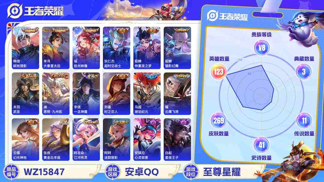 王者荣耀账号安卓QQMWZ100986【269皮肤3典藏15传说v8】安卓Q-269皮肤-123英雄  【典藏皮肤】 拾光映像 弑枪猎影 大秦宣太后  【传说皮肤】 鸣野蒿 琥珀纪元 幻光神枪 愿照·九州拓 超时空战士