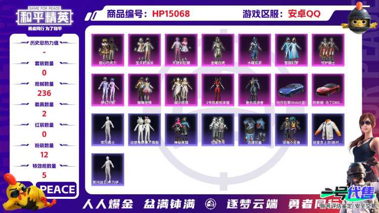 2004356- 可二次   安卓Q-84391热力值 21王牌印记 历史超级王牌15星 211套装 236枪皮 身法素材女号 木乃伊 巡查衣 雪国 螳螂 火箭少女 巧克力三姐妹  【2载具】 玛莎
