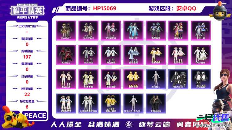 2004361- 可二次   安卓Q-76535热力值 14王牌印记 历史超级王牌14星 164套装 197枪皮 雪国 木乃伊 天网 甜梦小狐 巧克力三姐妹 猪妹 胖达团团 番茄 nv战战队服 公主
