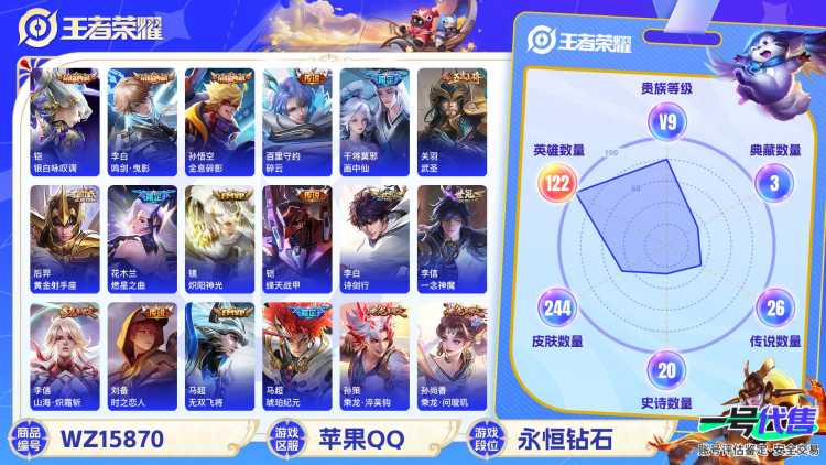 [9187521]李白典藏,猴子典藏,铠典藏,兔年限定全,龙年限定全,小将军,孙尚香年限,瑶年限,马可年限,-可二次-121英雄-244皮肤-3典藏-28传说-66史诗 炽阳神光-镜 山海·苍雷引-