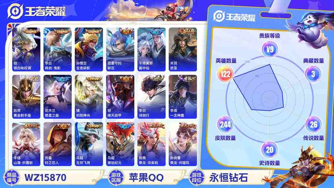 王者荣耀账号苹果QQ[9187521]李白典藏,猴子典藏,铠典藏,兔年限定全,龙年限定全,小将军,孙尚香年限,瑶年限,马可年限,-可二次-121英雄-244皮肤-3典藏-28传说-66史诗 炽阳神光-镜 山海·苍雷引-