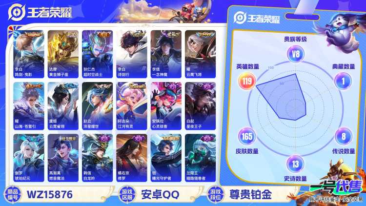 [9187591]李白典藏,小将军,白晶晶,-可二次-118英雄-165皮肤-1典藏-13传说-45史诗 淬星耀世-赵云 山海·苍雷引-曜 异界灵契-孙尚香 冰冠公主-雅典娜 白晶晶-芈月 街头霸王