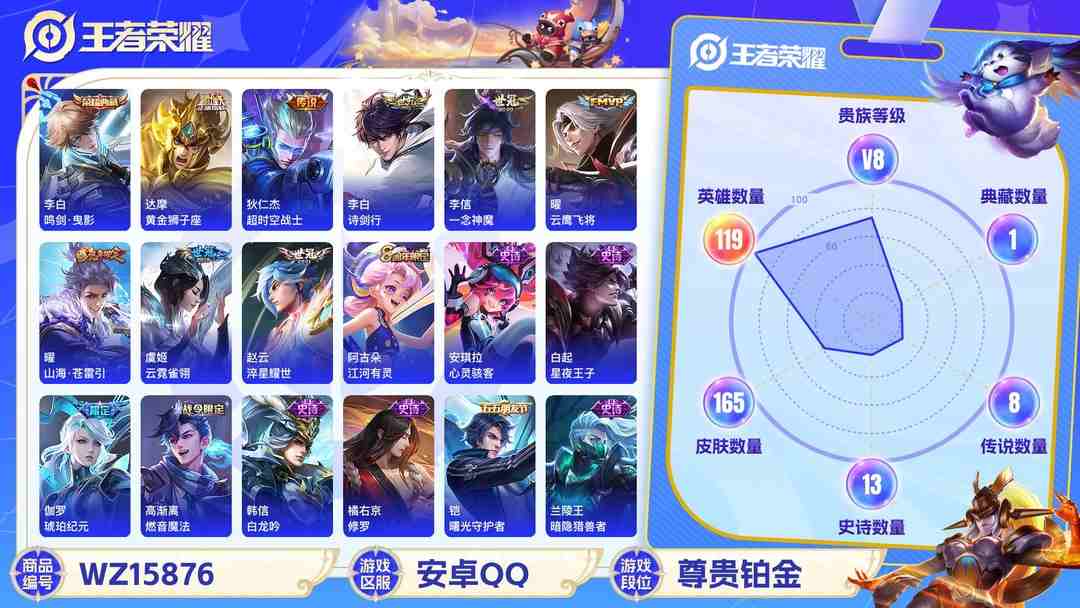 王者荣耀账号安卓QQ[9187591]李白典藏,小将军,白晶晶,-可二次-118英雄-165皮肤-1典藏-13传说-45史诗 淬星耀世-赵云 山海·苍雷引-曜 异界灵契-孙尚香 冰冠公主-雅典娜 白晶晶-芈月 街头霸王