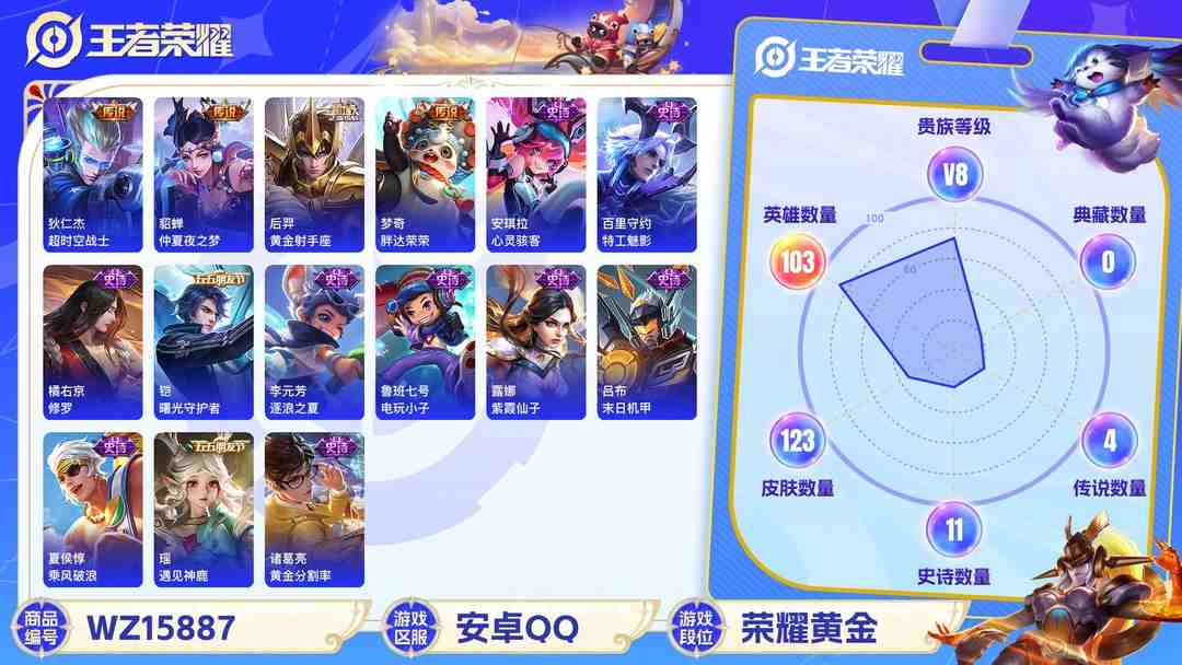 王者荣耀账号安卓QQ[9187723]仲夏夜,紫霞,至尊宝,-可二次-103英雄-123皮肤-7传说-31史诗 至尊宝-孙悟空 辉光之辰-后羿 天狼绘梦者-上官婉儿 街头霸王-韩信