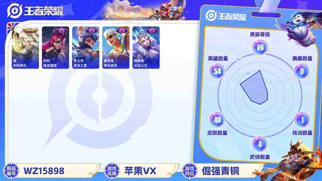 王者荣耀账号苹果VX[9187857]V6 1珍品传说 7传说 54英雄 40皮肤 可修改实名 珍品传说：器灵·落星盏 传说皮：祥瑞亨通,幻光神枪,炽阳神光 限定皮：愿照·九州拓(澜年限),愿照·山河定(司空震年限),