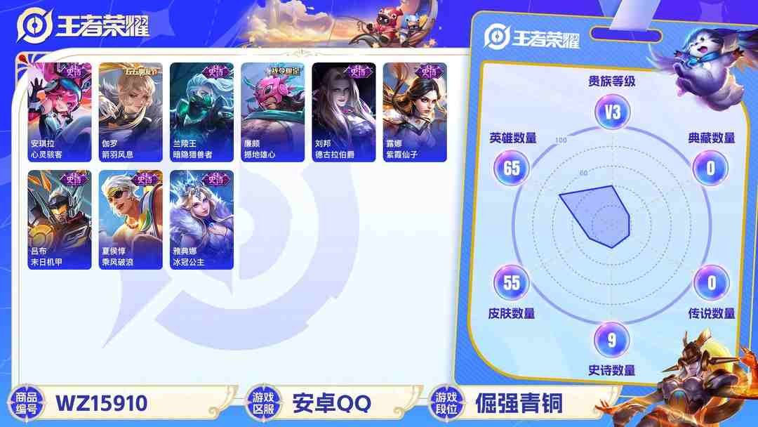 王者荣耀账号安卓QQ[9188072]V3 1传说 65英雄 55皮肤 可修改实名 限定皮：鸣野蒿 史诗皮：破空之剑,撼地雄心,紫霞仙子,冰冠公主,末日机甲-吕布,猫狗日记-孙策,水果甜心,心灵骇客,德古拉伯爵,暗隐猎