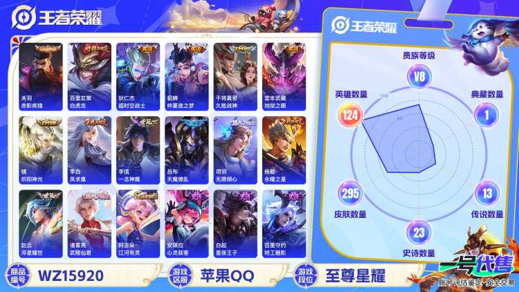 [9188188]关羽典藏,武则天,赛季限定狮心王,司空震蛇年限,澜蛇年限,蔡文姬蛇年限,虞姬蛇年限,久胜,电光耗子,仲夏夜,武陵仙君,紫霞,至尊宝,-可二次-123英雄-295皮肤-1典藏-19传