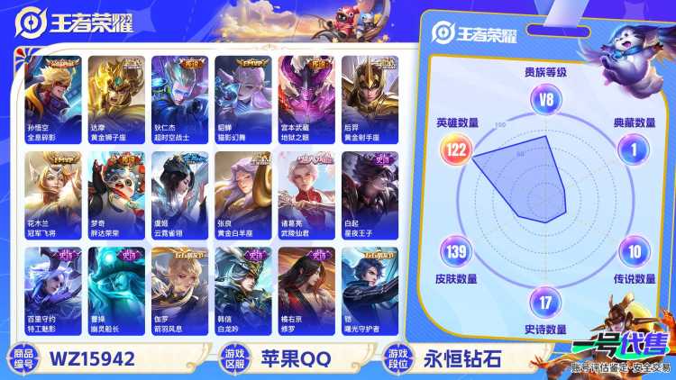 [9188450]猴子典藏,武陵仙君,白晶晶,紫霞,-可二次-121英雄-139皮肤-1典藏-13传说-44史诗 武陵仙君-诸葛亮 岱宗-典韦 冰冠公主-雅典娜 白晶晶-芈月 街头霸王-韩信