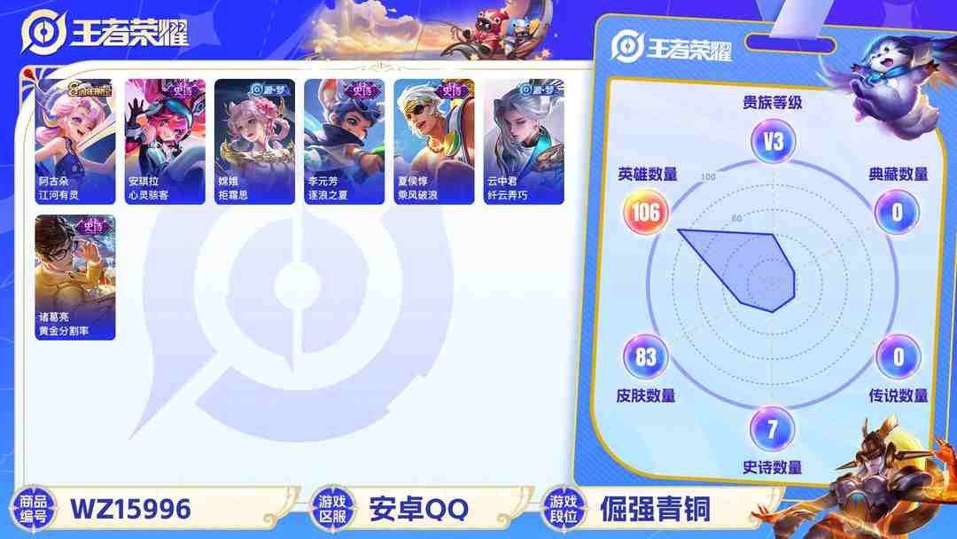 王者荣耀账号安卓QQ[9189094]V3 1传说 106英雄 83皮肤 可修改实名 限定皮：鸣野蒿 史诗皮：猫狗日记-孙策,逐浪之夏,黄金分割率,节奏热浪,龙骑士(小龙虾),女仆咖啡,水果甜心,心灵骇客,功夫厨神,鬼