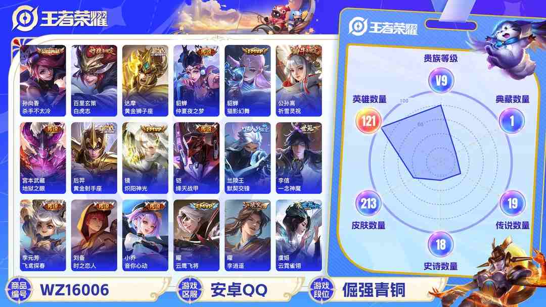 王者荣耀账号安卓QQ[9189244]V9 1典藏 23传说 121英雄 213皮肤 可修改实名 荣耀水晶：杀手不太冷 传说皮：幻光神枪,李逍遥,黄金狮子座,黄金射手座,黄金白羊座,零号·赤焰,仲夏夜之梦(大飞蛾),地