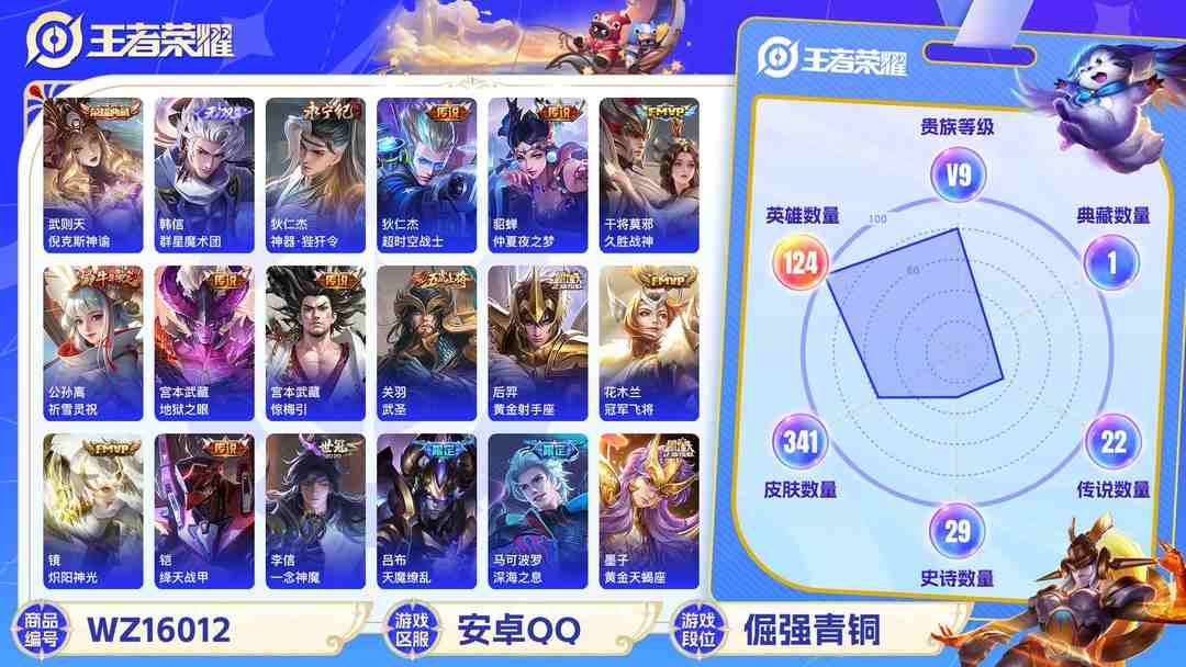 王者荣耀账号安卓QQ[9189330]V9 1典藏 2无双 1珍品传说 28传说 124英雄 328皮肤 典藏英雄武则天 可修改实名 荣耀水晶：倪克斯神谕(宇宙婆娘) 无双皮：器灵·螭龙剑,韩信群星魔术团(韩信无双) 