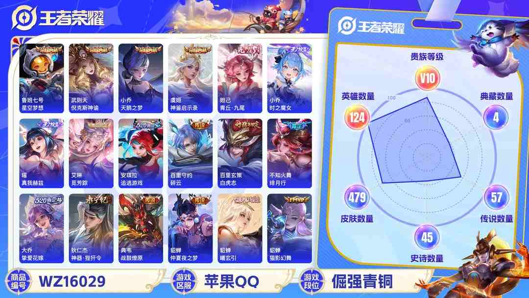 王者荣耀账号苹果QQ[9189516]实名: 可修改 贵族等级: V10 英雄数: 124 皮肤数: 479 荣耀水晶: 天鹅之梦,星空梦想,倪克斯神谕,神鉴启示录 无双皮: 真我赫兹(瑶),青丘·九尾,小乔时之魔女 