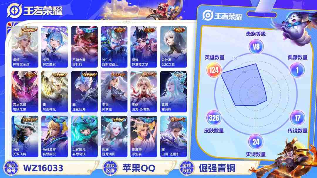 王者荣耀账号苹果QQ[9189546]V8 1典藏 2无双 1珍品传说 25传说 124英雄 326皮肤 可修改实名 荣耀水晶：神鉴启示录 无双皮：雪境奇遇-甄姬,小乔时之魔女(小乔无双) 珍品传说：时之奇旅-孙策 传