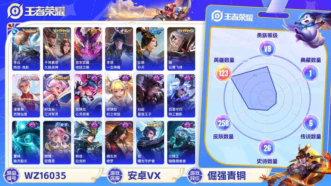 王者荣耀账号安卓VX[9189559]V8 1典藏 10传说 123英雄 258皮肤 可修改实名 安全保护中 女号 荣耀水晶：鸣剑·曳影 传说皮：零号·赤焰,地狱之眼,末日机甲-孙尚香(绿蚂蚱),一念神魔,久胜战神,云
