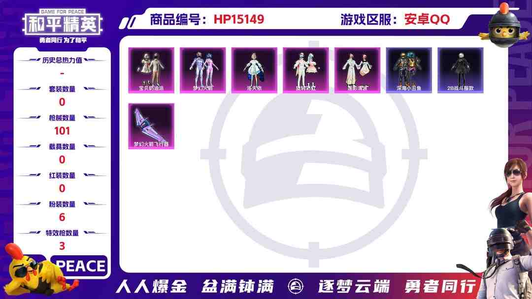 和平精英账号安卓QQ[9190342]6粉装 3特效枪 2印记 可二次 可修改实名 热门装扮：萨利娅,梦幻火箭(新101)(新火箭少女101粉色套装),洛天依,宝贝奶油派,旋转彩虹,莲影清波,深海小丑鱼 稀有枪皮：Ka
