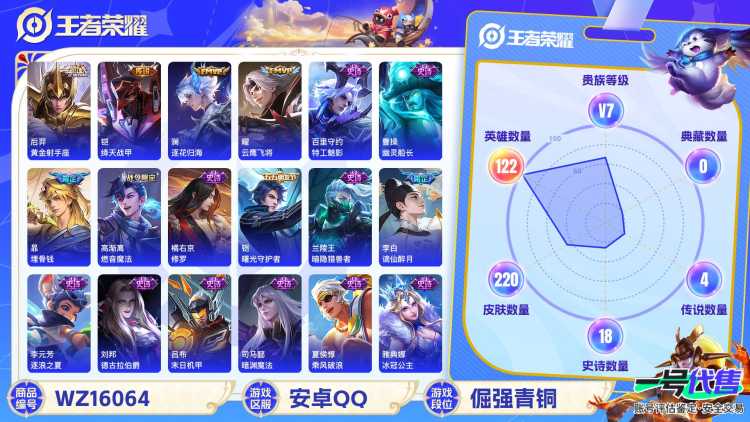 [9190432]V7 6传说 122英雄 220皮肤 可修改实名 传说皮：黄金射手座,云鹰飞将(小将军),绛天战甲(鸡嘴战神),澜逐花归海 珍宝阁皮：万物之道,蔷薇恋人 限定皮：愿照·九州拓(澜年