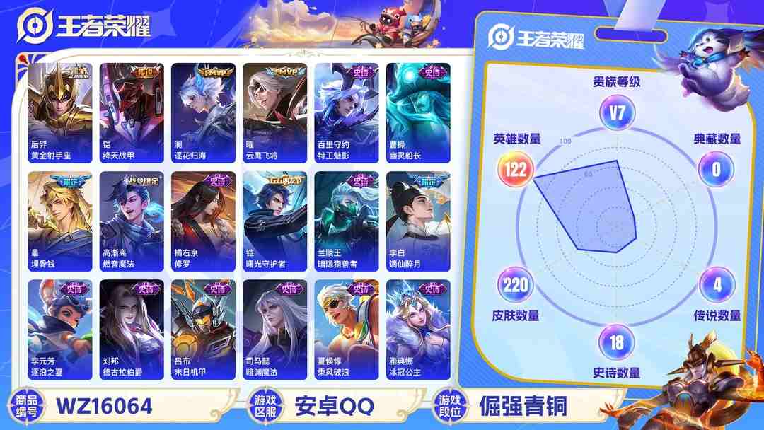 王者荣耀账号安卓QQ[9190432]V7 6传说 122英雄 220皮肤 可修改实名 传说皮：黄金射手座,云鹰飞将(小将军),绛天战甲(鸡嘴战神),澜逐花归海 珍宝阁皮：万物之道,蔷薇恋人 限定皮：愿照·九州拓(澜年