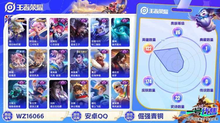 [9190597]V6 1典藏 2传说 122英雄 174皮肤 可修改实名 荣耀水晶：银白咏叹调(倪克斯侍卫) 珍宝阁皮：妄想食味,女武神 限定皮：愿照·九州拓(澜年限),逐霄战戟,陌上桑,鸣野蒿,