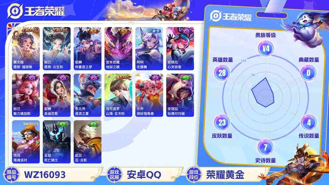 王者荣耀账号安卓QQ【WZF5581】贵族4/皮肤23/传说4/史诗7/英雄28/宫本武藏_地狱之眼/貂蝉_仲夏夜之梦/蔡文姬_愿照·福禄聚/妲己_愿照·众生和/马可波罗_山海·玄木吟/项羽_海滩派对/马可波罗_山海·