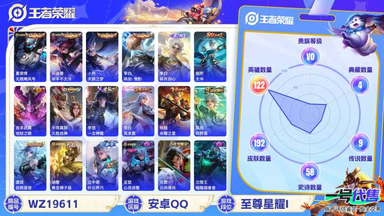 安卓QQ 122英雄 192皮肤 已兑换荣耀水晶数4  无限飓风号 杀手不太冷 天鹅之梦 鸣剑·曳影 碎月剑心 太华 地狱之眼 久胜战神 一念神魔 凤求凰 永曜之星 鸣野蒿 启明星使 黄金狮子座...