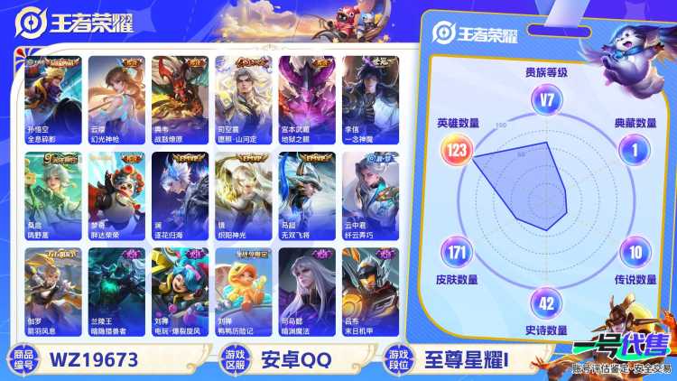 安卓QQ 123英雄 171皮肤 贵族等级7 已兑换荣耀水晶数1  全息碎影 幻光神枪 战鼓燎原 愿照·山河定 地狱之眼 一念神魔 鸣野蒿 胖达荣荣 逐花归海 炽阳神光 无双飞将 纤云弄巧 箭羽...