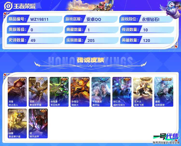 安卓QQ 120英雄 205皮肤 已兑换荣耀水晶数1  星空梦想 时之恋人 黄金射手座 末日机甲 地狱火 画中仙 超时空战士 冠军飞将 启明星使 黄金狮子座 绛天战甲 无心 暗隐猎兽者 圣诞狂欢...