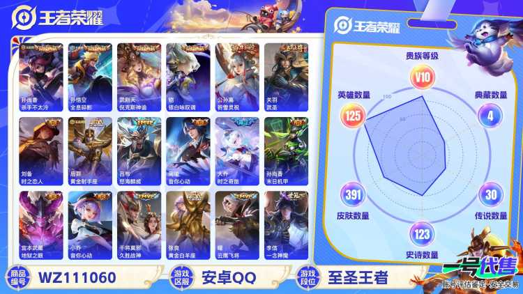安卓QQ 125英雄 391皮肤 贵族等级10 已兑换荣耀水晶数5  杀手不太冷 全息碎影 倪克斯神谕 银白咏叹调 祈雪灵祝 武圣 时之恋人 黄金射手座 怒海麟威 音你心动 时之奇旅 末日机甲 ...