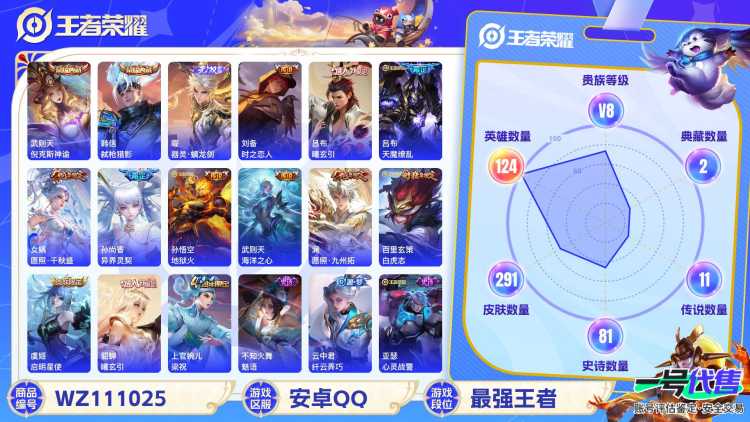 安卓QQ 124英雄 291皮肤 贵族等级8 已兑换荣耀水晶数3  倪克斯神谕 弑枪猎影 器灵·螭龙剑 时之恋人 曦玄引 天魔缭乱 愿照·千秋盛 异界灵契 地狱火 海洋之心 愿照·九州拓 白虎志...
