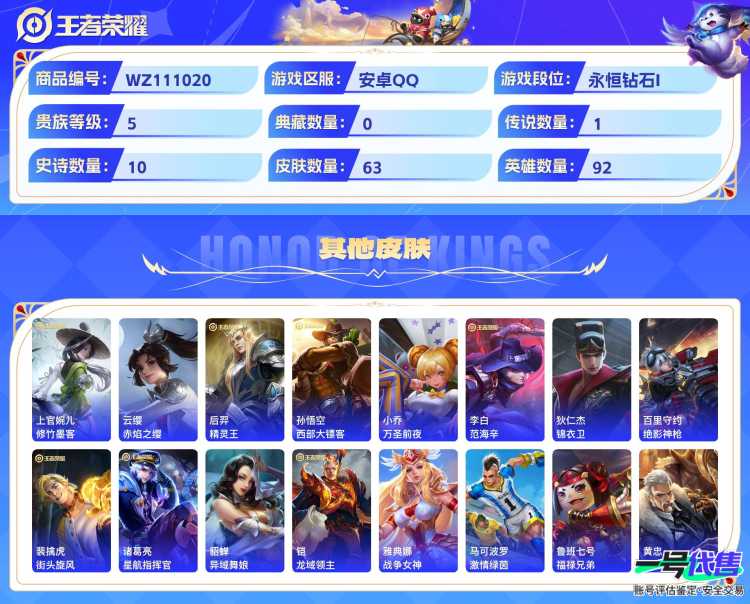 安卓QQ 92英雄 63皮肤 贵族等级5  地狱火 石田雨龙 暗隐猎兽者 魅力维加斯 水果甜心 千年之狐 李小龙 黄金分割率 皇家上将 冰冠公主 白龙吟 死霸装 死亡骑士 穷奇 万事如意 夺宝奇...
