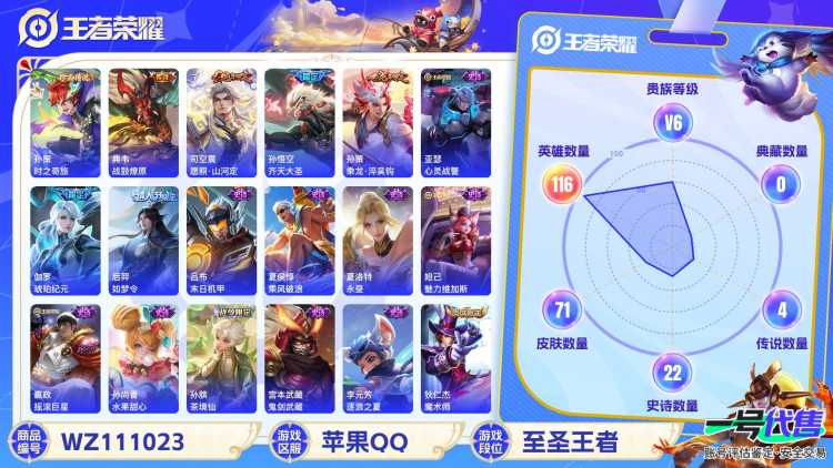 苹果QQ 116英雄 71皮肤 贵族等级6  时之奇旅 战鼓燎原 愿照·山河定 齐天大圣 乘龙·淬吴钩 心灵战警 琥珀纪元 如梦令 末日机甲 乘风破浪 永昼 魅力维加斯 摇滚巨星 水果甜心 茶境...