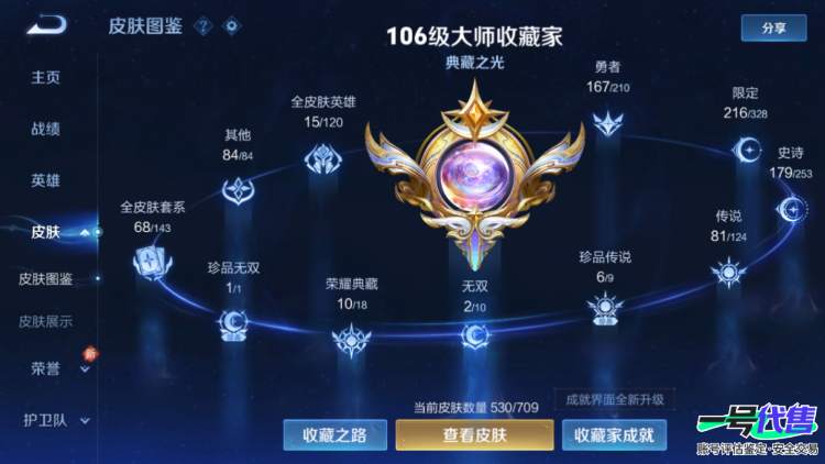 贵族10安卓QQ可二次，1珍品无双10典藏 2无双 6珍品 81传说530皮肤，5个星传说，鸿兔大展天幕